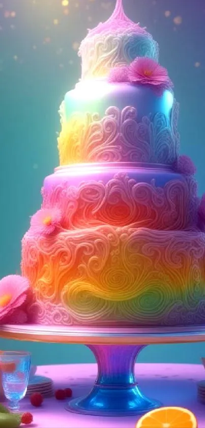 Artistic vibrant rainbow cake with colorful layers and elegant design.