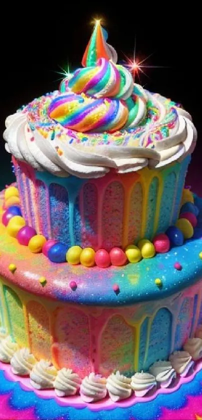 Colorful rainbow cake with fantasy design.