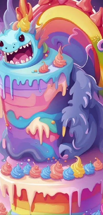 Rainbow monster on colorful cake artwork.