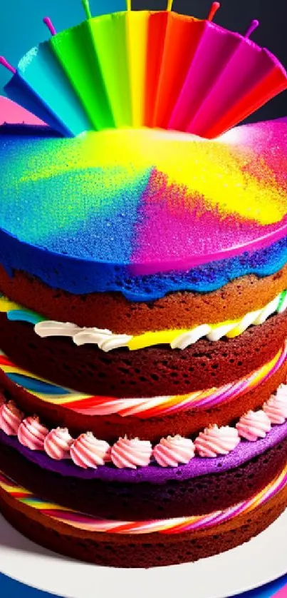 Vibrant layered rainbow cake with colorful accents.