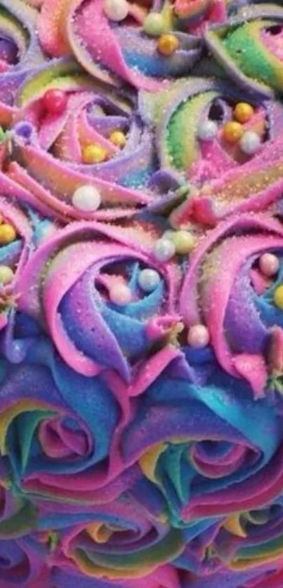 Vibrant rainbow cake with colorful swirls.