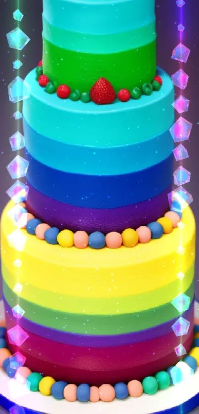 A vibrant, tiered rainbow cake with colorful layers and fruit decorations.