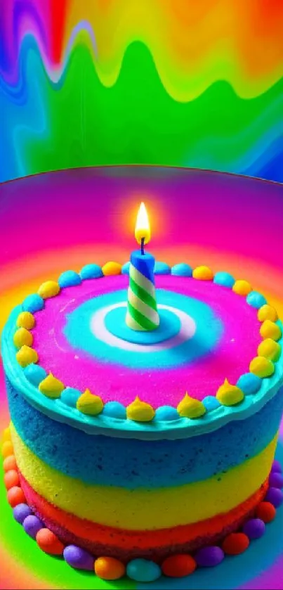 A vibrant and colorful rainbow cake with a lit candle on top.