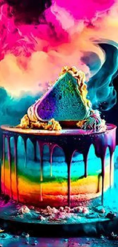 Vibrant rainbow cake with colorful, dripping icing; perfect phone wallpaper.