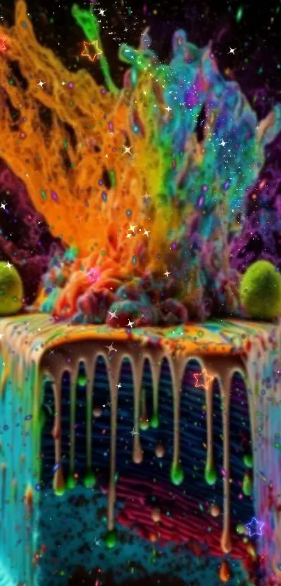 Vibrant rainbow cake with starry background.