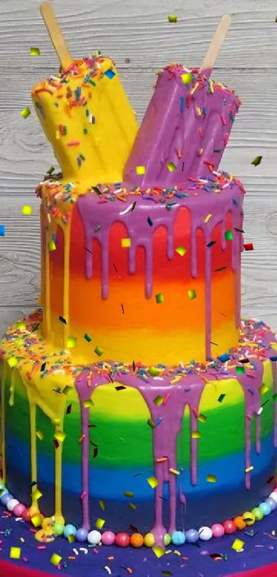 Vibrant rainbow cake with sprinkles and popsicles on top.