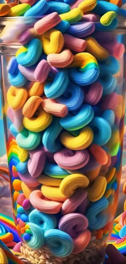 Colorful rainbow candy jar against dreamy sky.