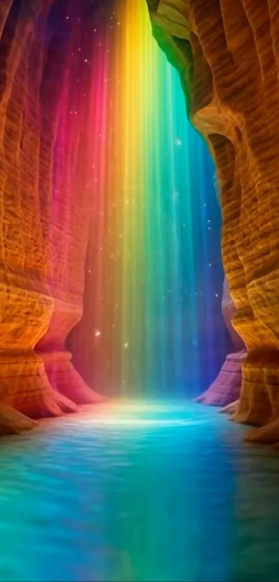 Vibrant rainbow waterfall in a colorful canyon landscape mobile wallpaper.