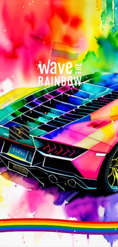 Rainbow-themed sports car with vibrant colors on a mobile wallpaper.