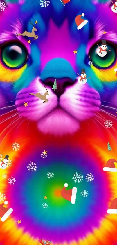 Vibrant rainbow-colored cat art with psychedelic design.