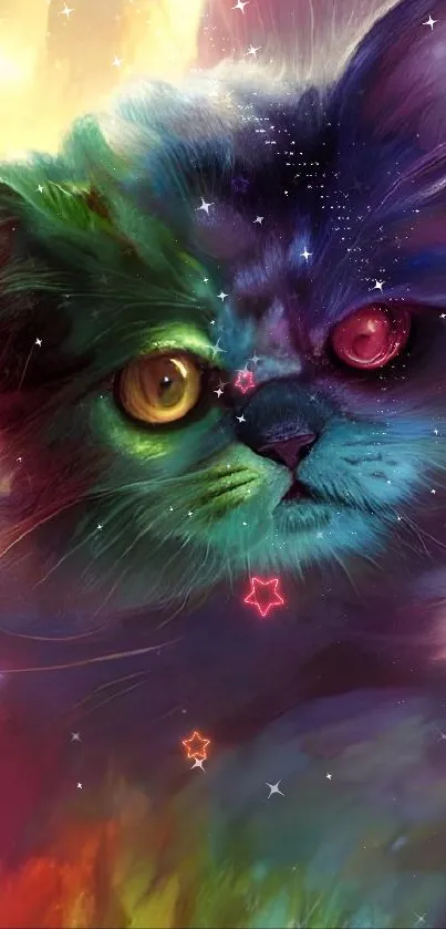 Vibrant rainbow cat art with colorful fantasy design.