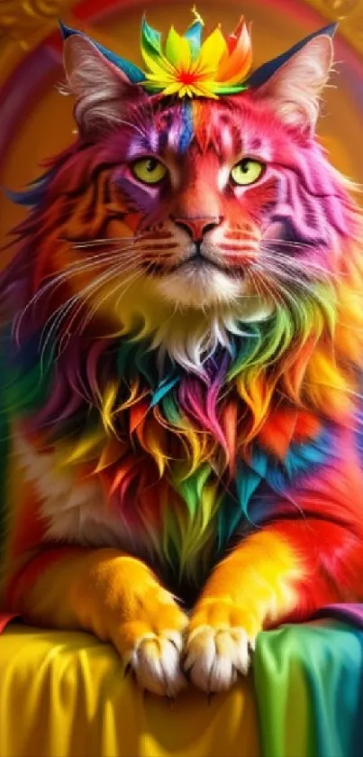 A vibrant rainbow-colored cat with a colorful crown, perfect for a mobile wallpaper.