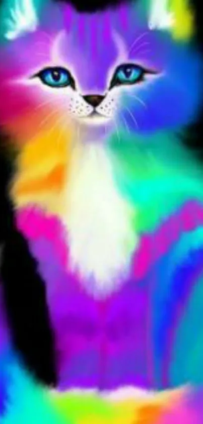 Colorful rainbow cat illustration on black background, vibrant and whimsical.