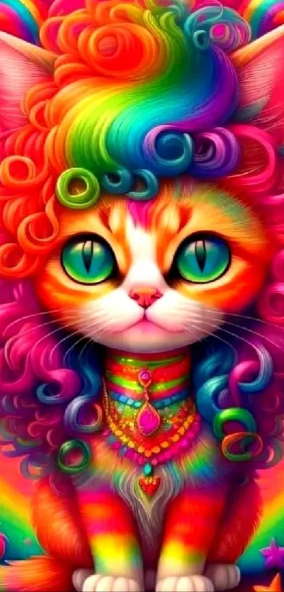 Rainbow cat with vibrant curls on colorful background.