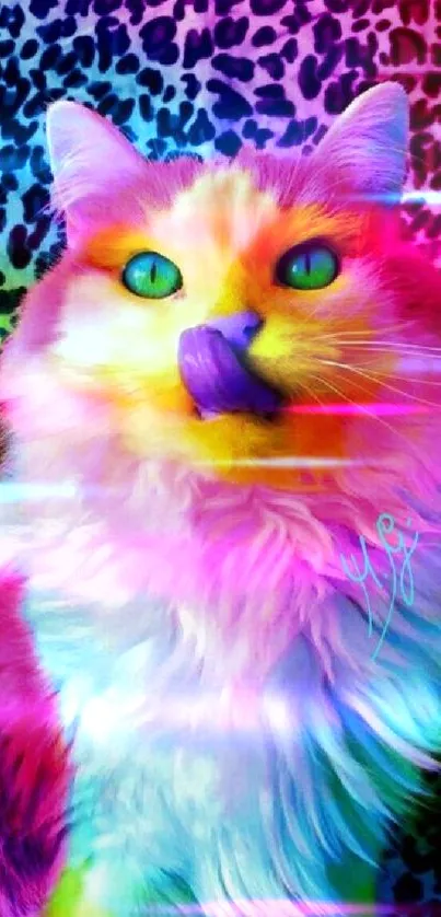 Vibrant rainbow cat on leopard print background.