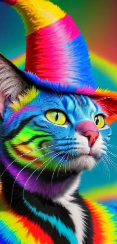 Vibrant rainbow cat with neon colors and playful charm in a hat.