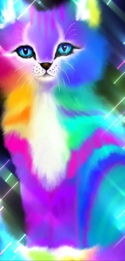 Vibrant neon rainbow cat art on dark background.