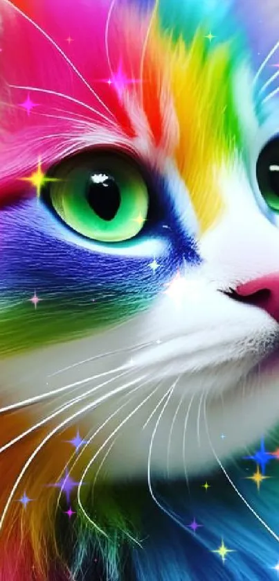 Vibrant rainbow cat with green eyes.