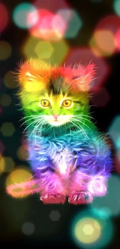 Vibrant rainbow-colored cat on dark background.