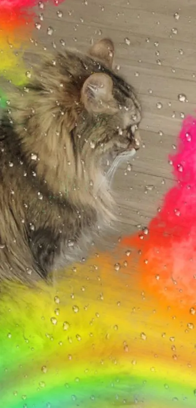 Fluffy cat with rainbow and raindrops.