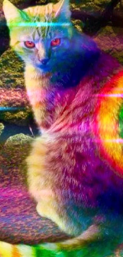 Vibrant cat with rainbow fur on stone background.