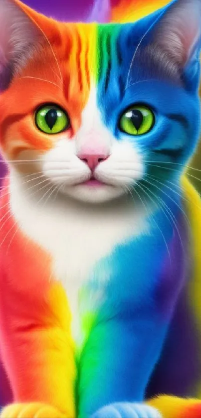 Rainbow-colored cat with green eyes in vibrant hue.