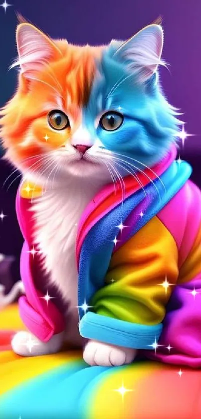 Colorful cat with rainbow fur on a bright mat.