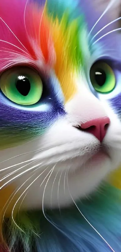 Vibrant rainbow-colored cat with vivid hues in a playful, enchanting pose.