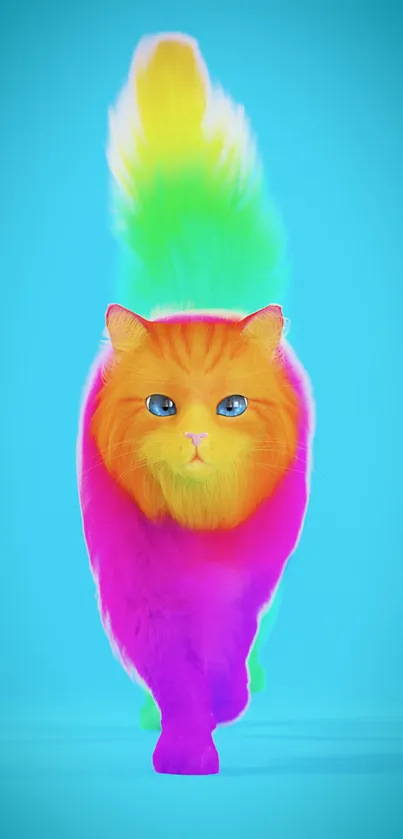 Rainbow-colored cat on cyan background.