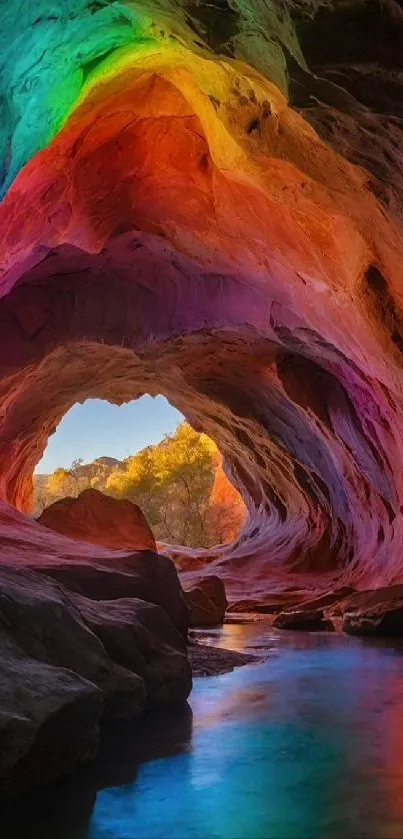 Vibrant cave glowing with rainbow hues and reflections above a still water stream.