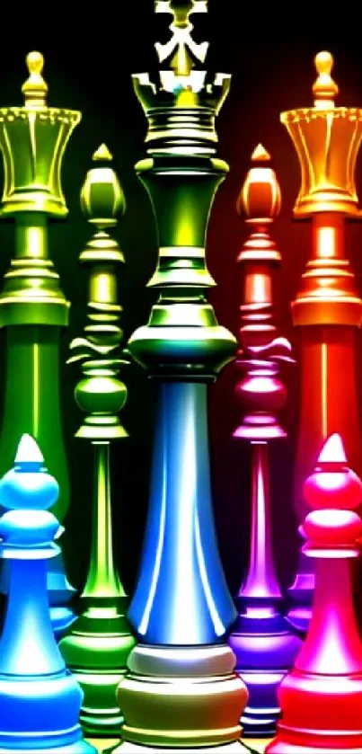Colorful chess pieces in vibrant design.