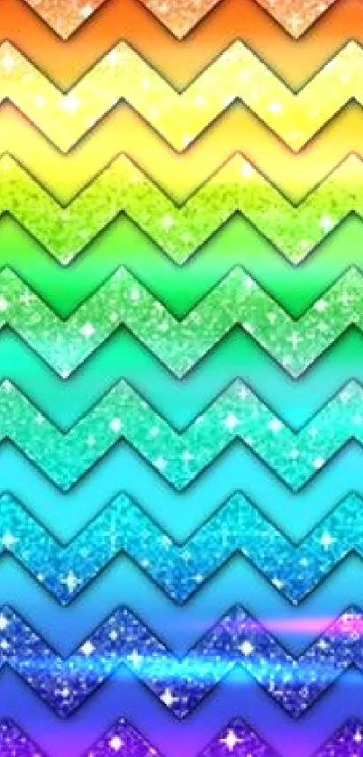 Vibrant rainbow chevron wallpaper with sparkling zigzag stripes.