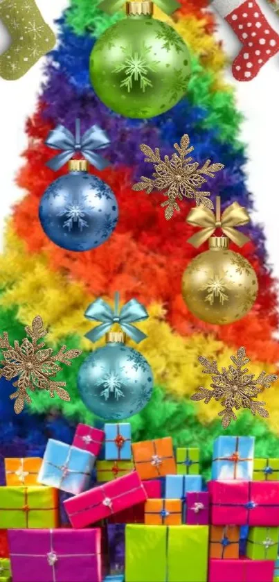 Vibrant rainbow Christmas tree with gifts and ornaments.