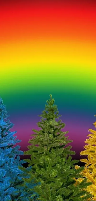Colorful Christmas trees beneath a vibrant rainbow sky wallpaper.