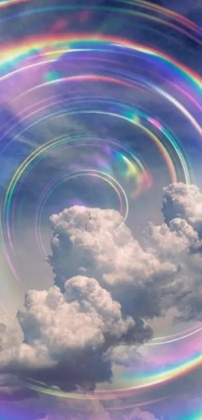 Vibrant rainbow spiral over clouds.