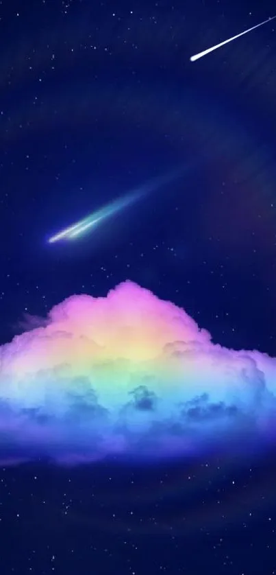 Colorful rainbow cloud with shooting star in a starry night sky wallpaper.