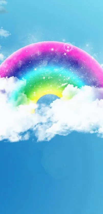 Vibrant rainbow and clouds on a blue sky background wallpaper.