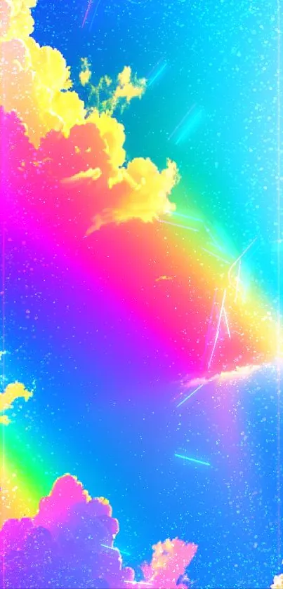 Vibrant rainbow clouds with a blue sky.
