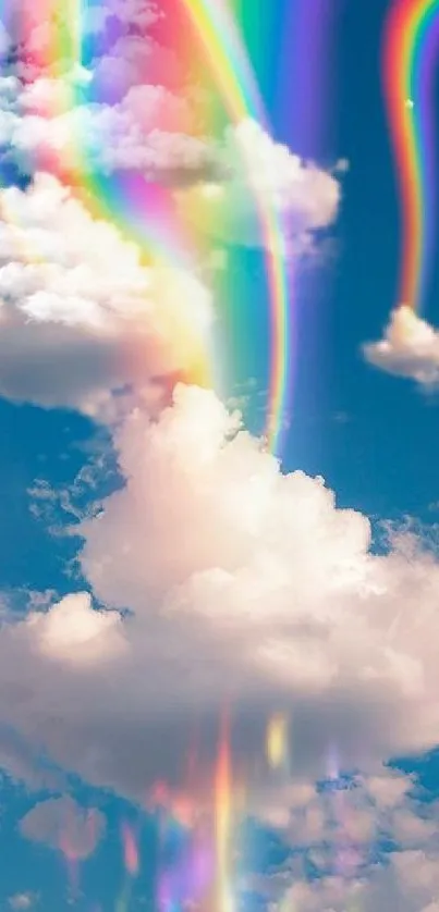 Vibrant rainbow streaks in a blue sky with fluffy clouds.