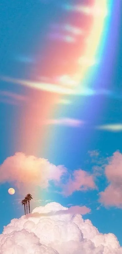 Vibrant rainbow over fluffy clouds with a serene blue sky.