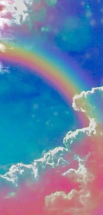 Colorful rainbow and fluffy clouds against a bright blue sky wallpaper.