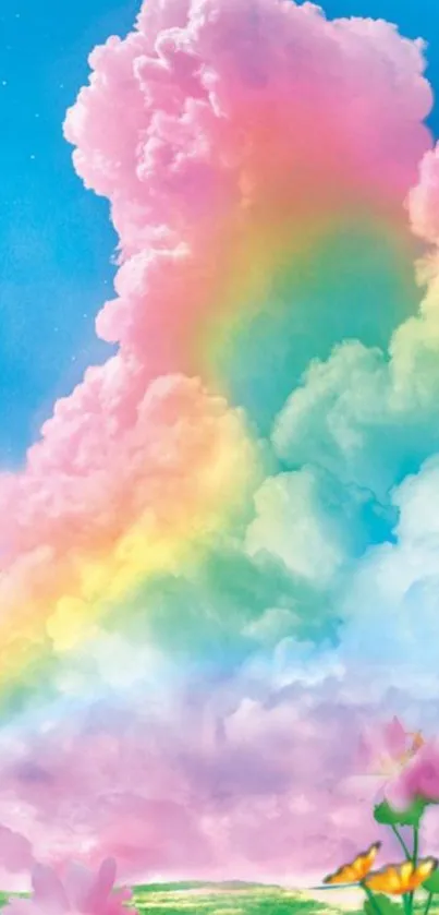 Vibrant rainbow clouds with pastel sky and flowers.