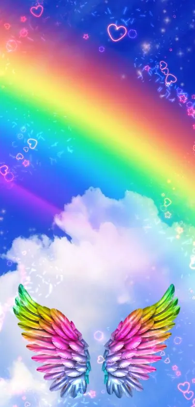 Bright rainbow arches over fluffy white clouds in a clear blue sky.