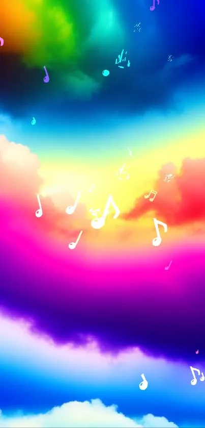 Vibrant rainbow cloudscape with blue sky and colorful clouds.