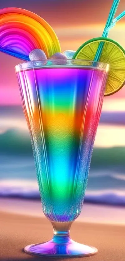 A vibrant rainbow drink with beach background.