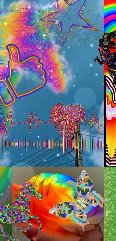 Vibrant rainbow collage wallpaper with abstract, psychedelic designs.