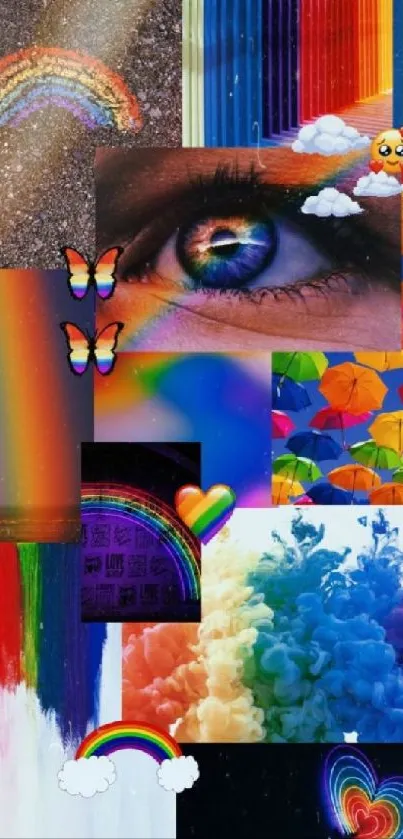 Vibrant rainbow collage wallpaper with eye and multicolored visuals.
