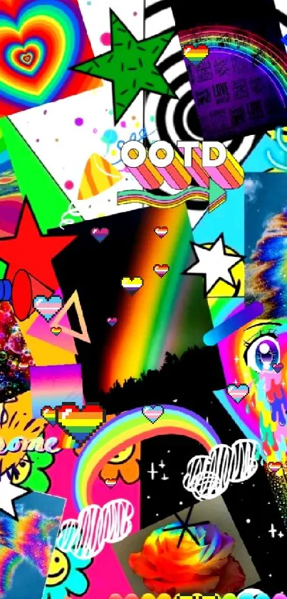 Vibrant rainbow collage wallpaper with stars.