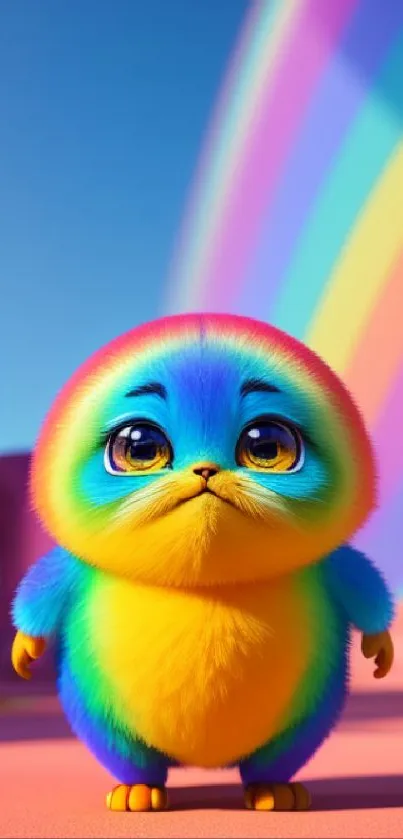 Cute rainbow creature on fantasy pastel landscape with bright colors.