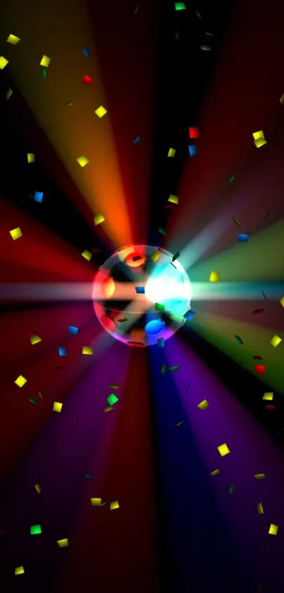 Vibrant disco ball with colorful light beams and confetti.